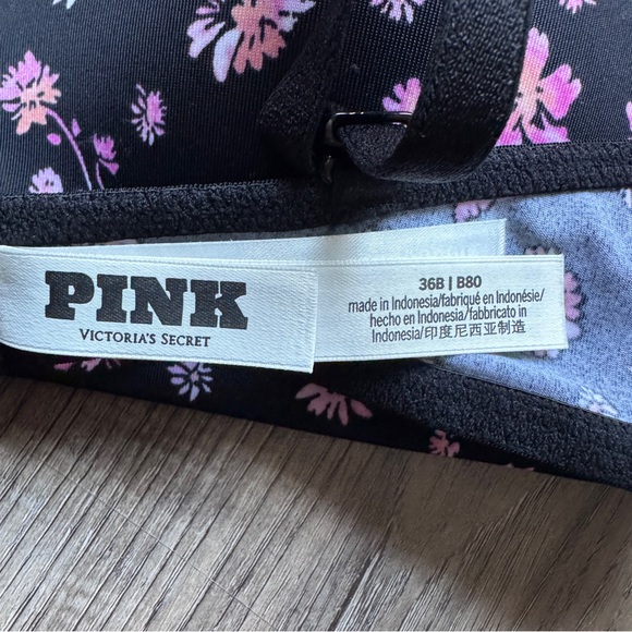 Victoria's Secret Pink Wear Everywhere Push Up Wire-Free Black Floral Bra 36B - Picture 5 of 6